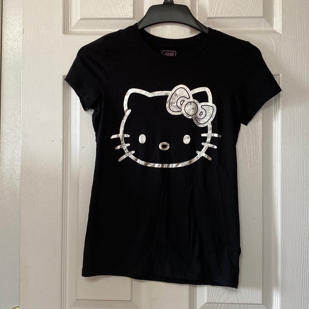 VTG HK HELLO KITTY Black Goth Shirt Silver Foil T-Shirt Shirt
